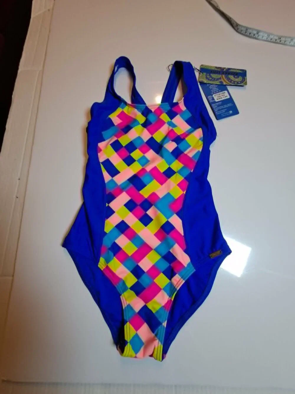 Girls Blue One Piece Swimsuit M 9-11 Colorful Print